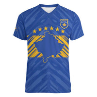 Custom Kosovo Football 2026 Women V-Neck T-Shirt Rising Nation Blue Gold - Wonder Print Shop