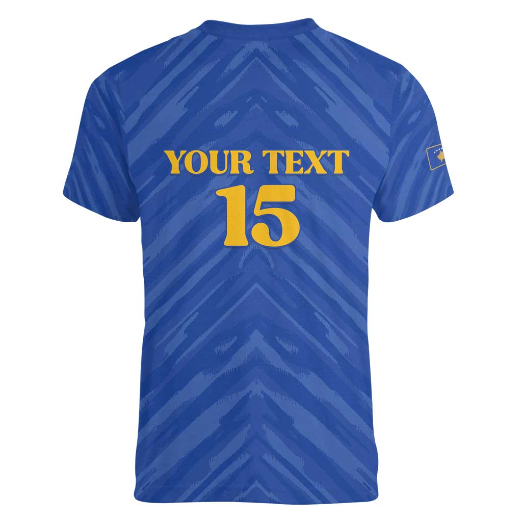 Custom Kosovo Football 2026 Women V-Neck T-Shirt Rising Nation Blue Gold - Wonder Print Shop