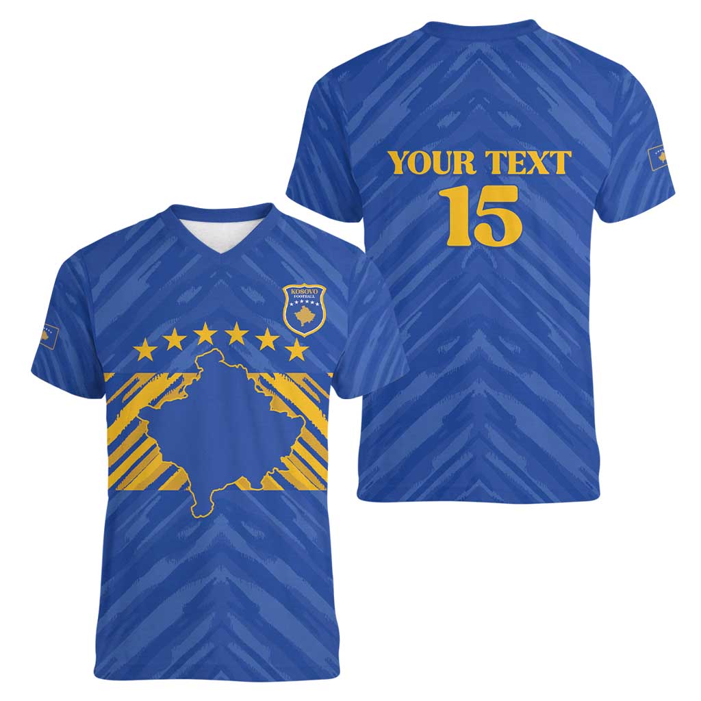 Custom Kosovo Football 2026 Women V-Neck T-Shirt Rising Nation Blue Gold - Wonder Print Shop