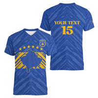 Custom Kosovo Football 2026 Women V-Neck T-Shirt Rising Nation Blue Gold - Wonder Print Shop