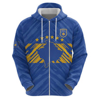 Custom Kosovo Football 2026 Zip Hoodie Rising Nation Blue Gold - Wonder Print Shop