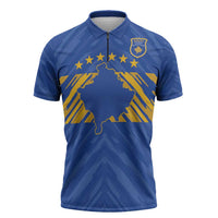 Custom Kosovo Football 2026 Zipper Polo Shirt Rising Nation Blue Gold - Wonder Print Shop