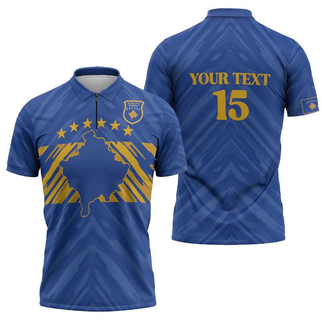 Custom Kosovo Football 2026 Zipper Polo Shirt Rising Nation Blue Gold - Wonder Print Shop