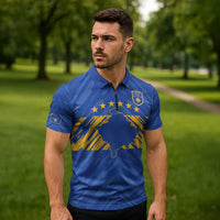 Custom Kosovo Football 2026 Zipper Polo Shirt Rising Nation Blue Gold - Wonder Print Shop