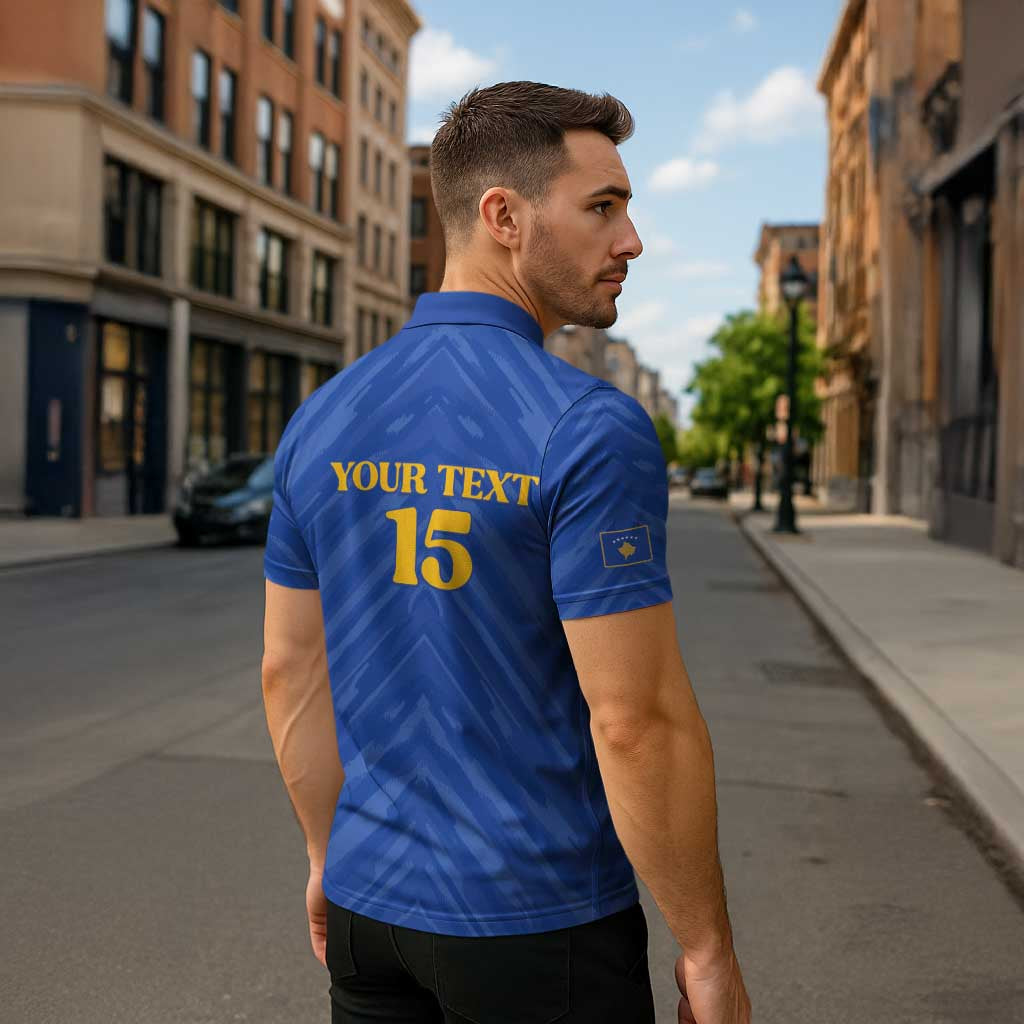 Custom Kosovo Football 2026 Zipper Polo Shirt Rising Nation Blue Gold - Wonder Print Shop