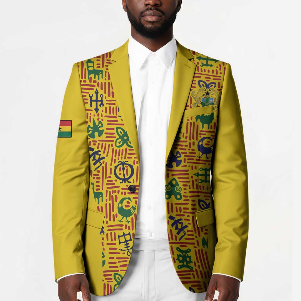 Custom Ghana Football Blazer Yellow Adinkra Pattern - Wonder Print Shop