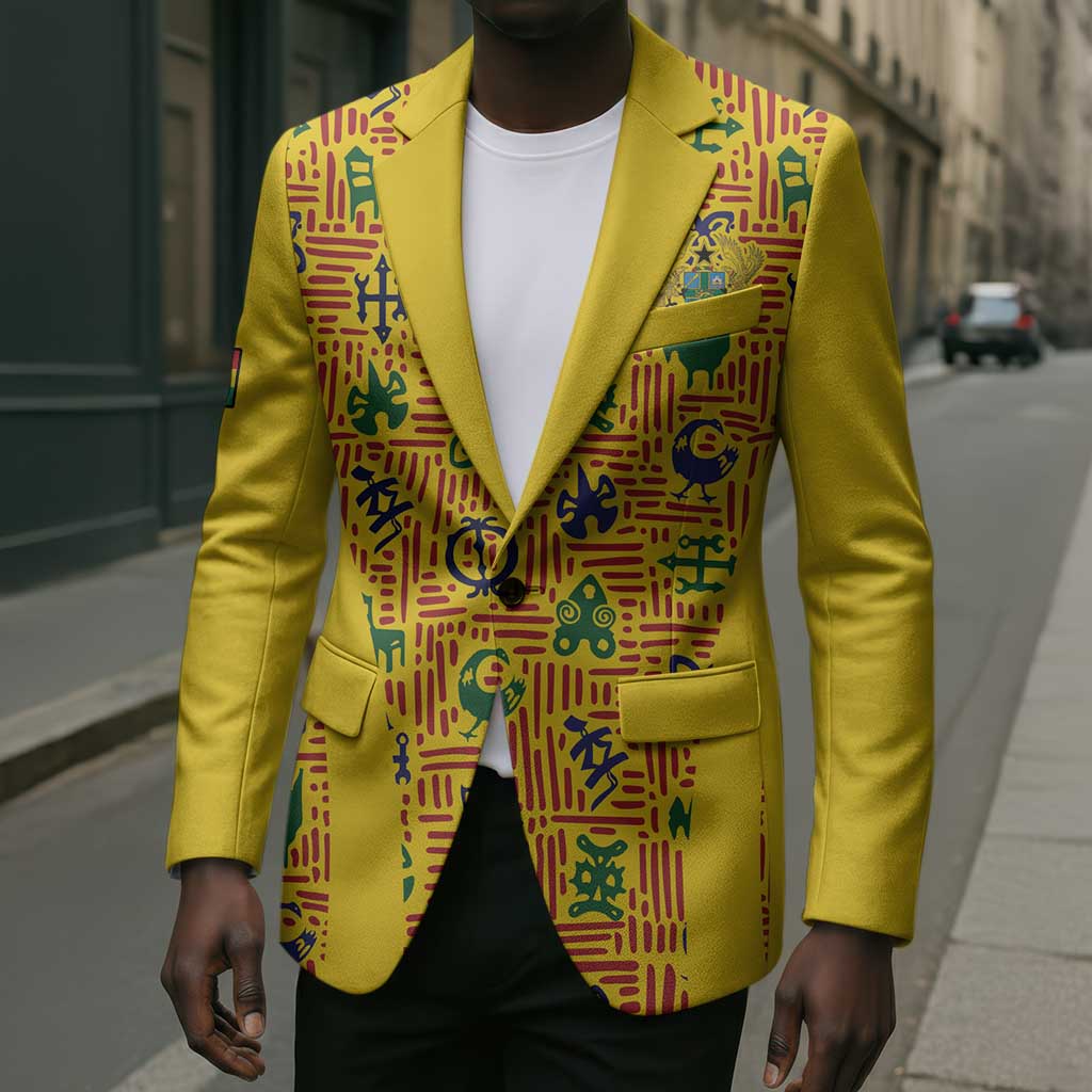 Custom Ghana Football Blazer Yellow Adinkra Pattern - Wonder Print Shop
