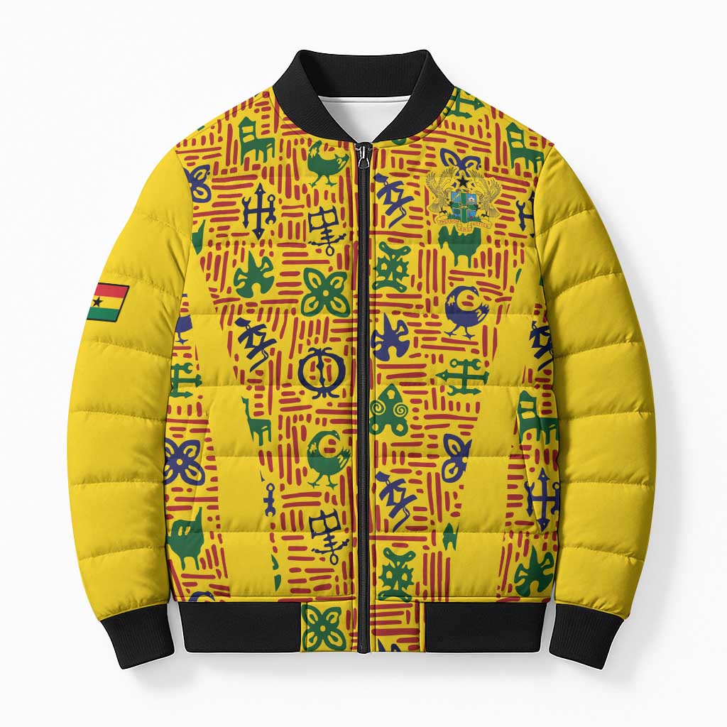 Custom Ghana Football Bomber Puffer Jacket Yellow Adinkra Pattern - Wonder Print Shop