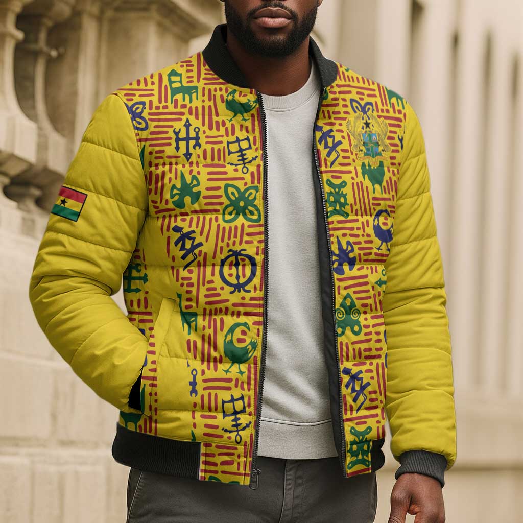 Custom Ghana Football Bomber Puffer Jacket Yellow Adinkra Pattern - Wonder Print Shop