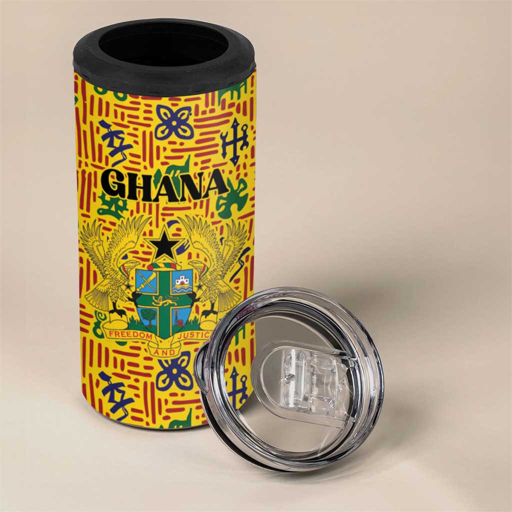 Custom Ghana Football 4 in 1 Can Cooler Tumbler Yellow Adinkra Pattern - Wonder Print Shop