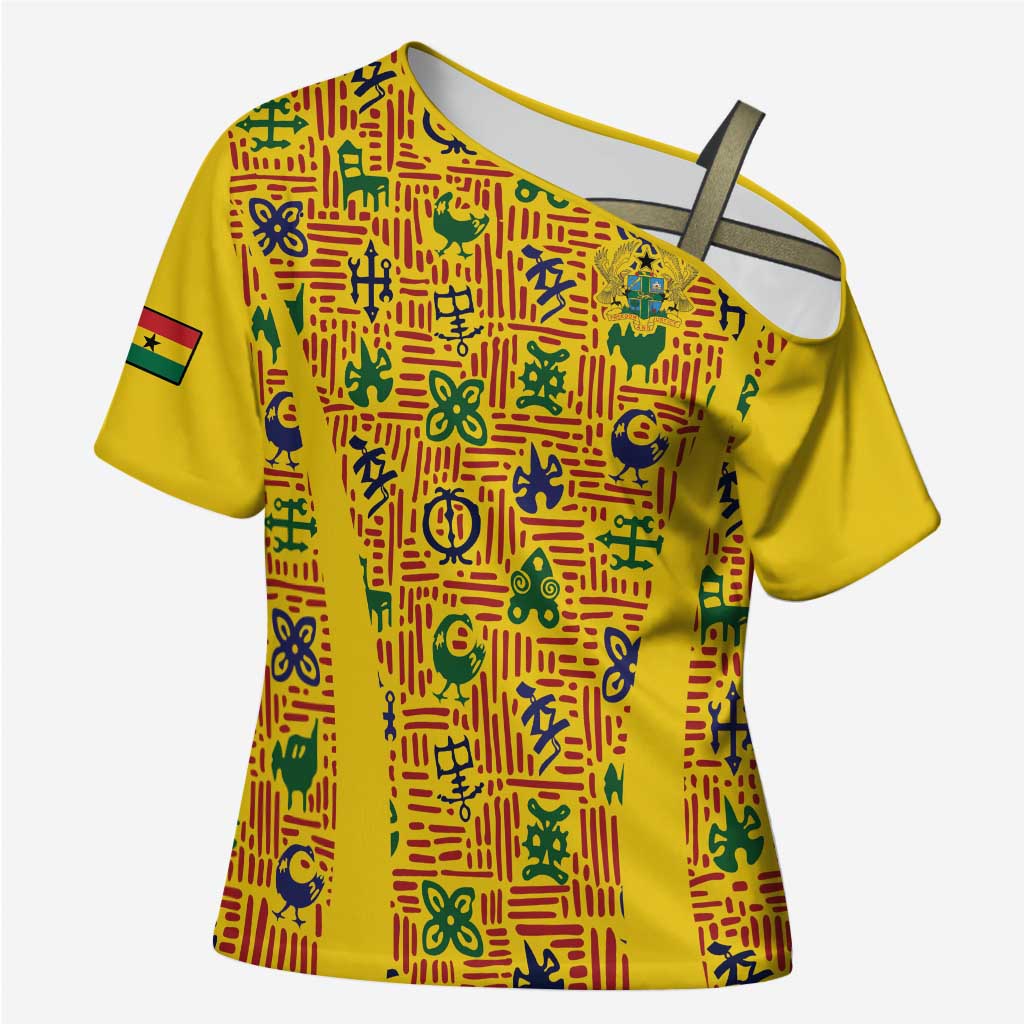 Custom Ghana Football Cross Shoulder Shirt Yellow Adinkra Pattern - Wonder Print Shop