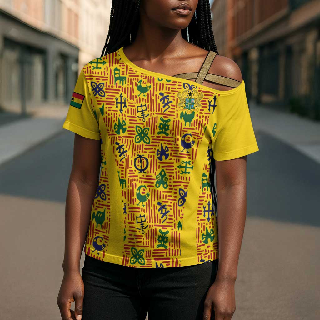 Custom Ghana Football Cross Shoulder Shirt Yellow Adinkra Pattern - Wonder Print Shop
