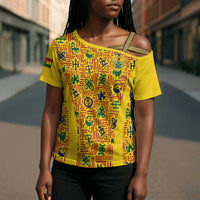 Custom Ghana Football Cross Shoulder Shirt Yellow Adinkra Pattern - Wonder Print Shop