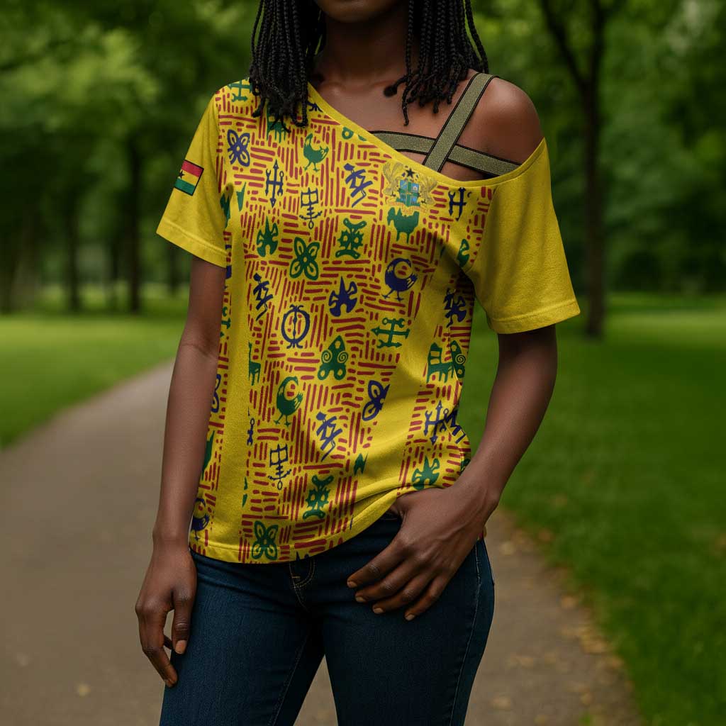 Custom Ghana Football Cross Shoulder Shirt Yellow Adinkra Pattern - Wonder Print Shop