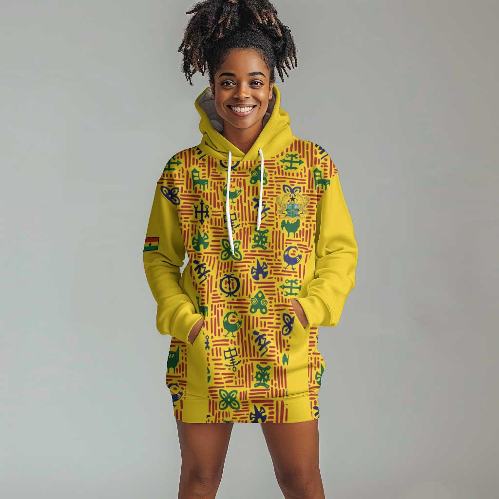 Custom Ghana Football Hoodie Dress Yellow Adinkra Pattern - Wonder Print Shop