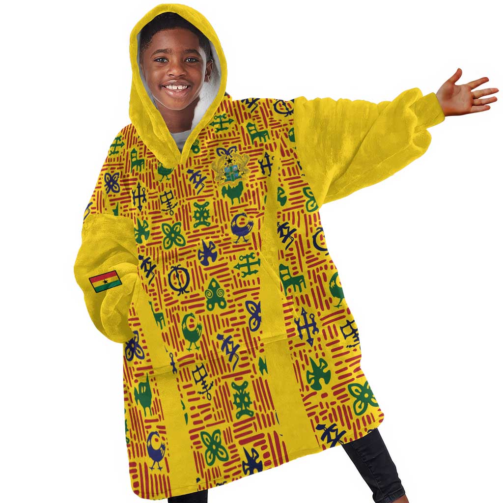 Custom Ghana Football Kid Wearable Blanket Hoodie Yellow Adinkra Pattern - Wonder Print Shop