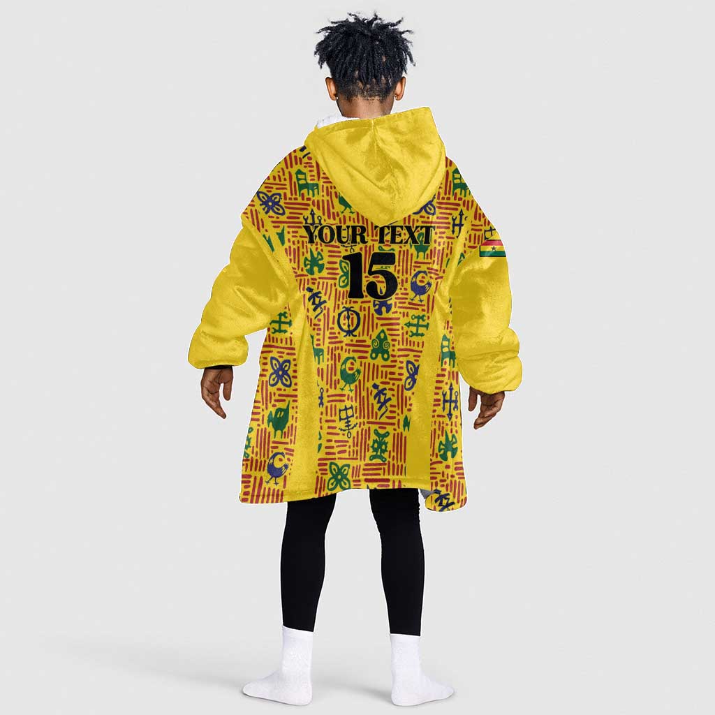 Custom Ghana Football Kid Wearable Blanket Hoodie Yellow Adinkra Pattern - Wonder Print Shop
