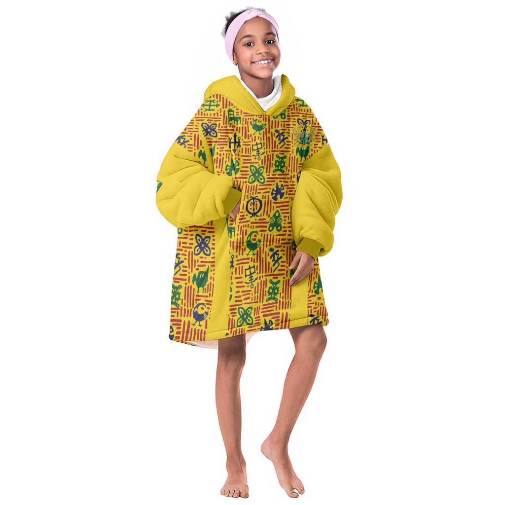 Custom Ghana Football Kid Wearable Blanket Hoodie Yellow Adinkra Pattern - Wonder Print Shop