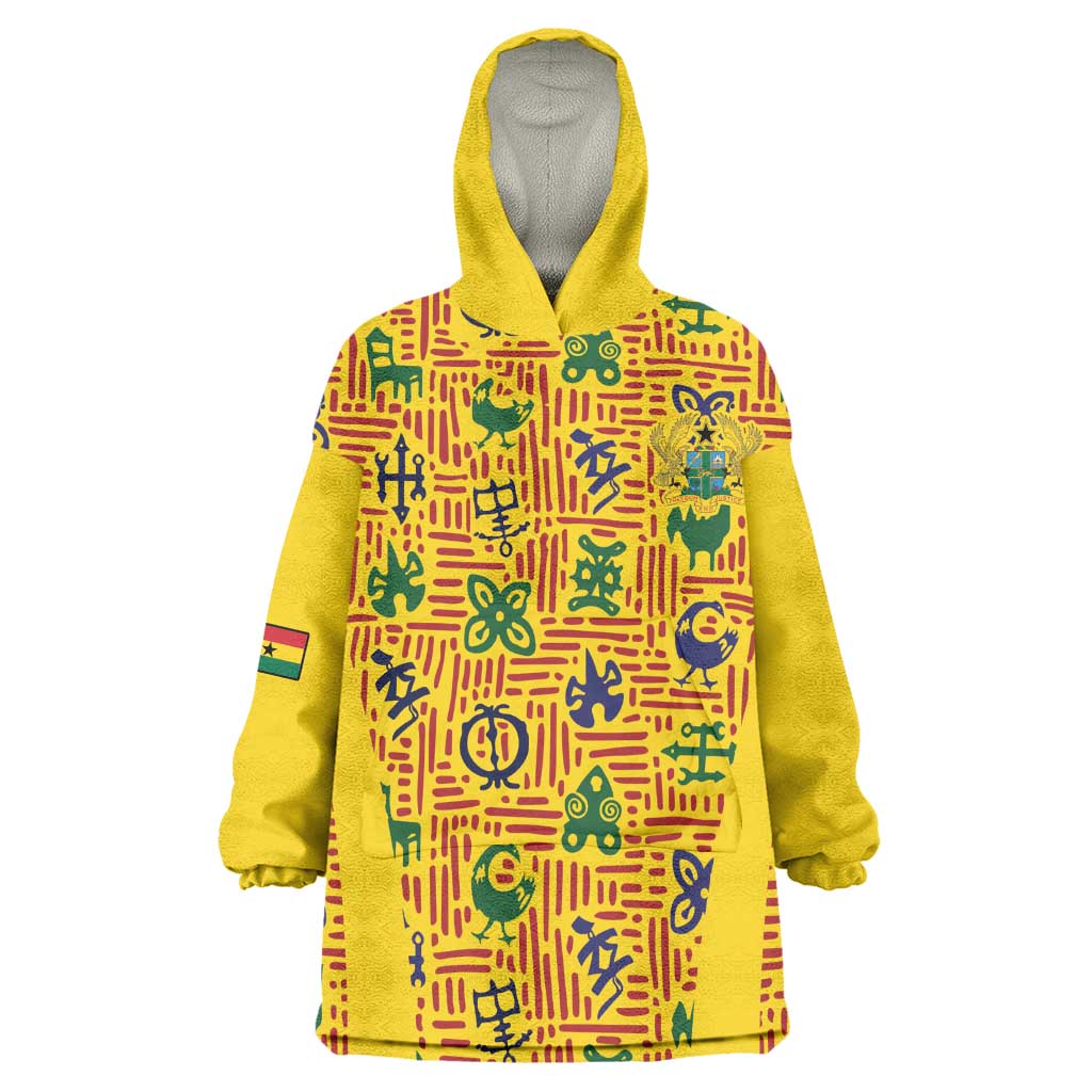 Custom Ghana Football Kid Wearable Blanket Hoodie Yellow Adinkra Pattern - Wonder Print Shop
