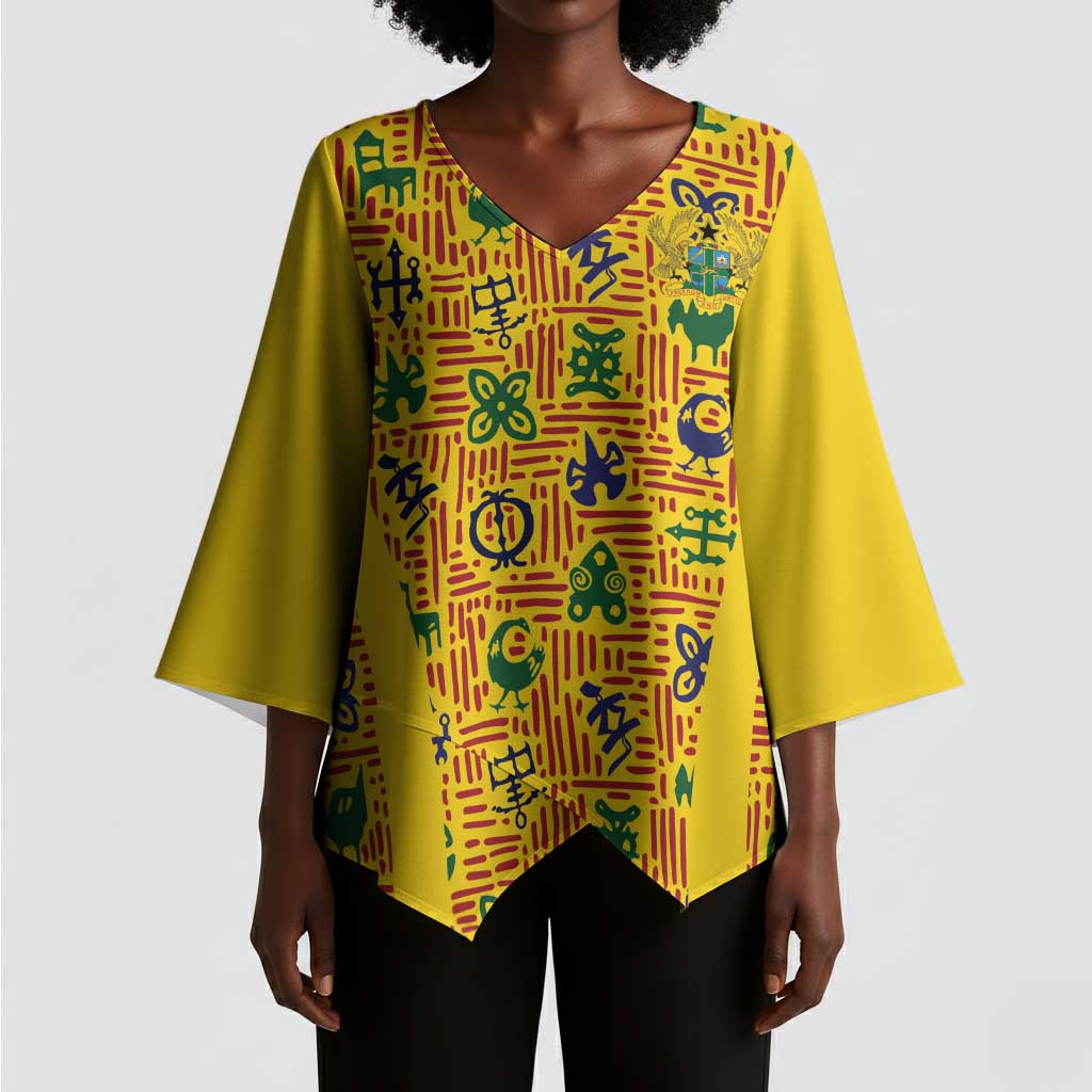 Custom Ghana Football Kimono Sleeve Blouse Yellow Adinkra Pattern - Wonder Print Shop