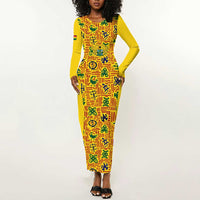 Custom Ghana Football Long Sleeve Bodycon Dress Yellow Adinkra Pattern - Wonder Print Shop
