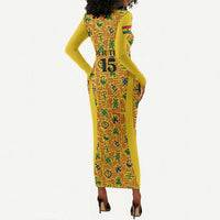Custom Ghana Football Long Sleeve Bodycon Dress Yellow Adinkra Pattern - Wonder Print Shop