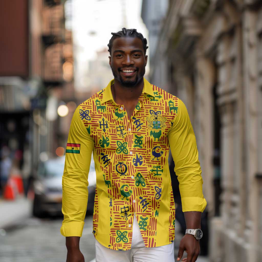 Custom Ghana Football Long Sleeve Button Shirt Yellow Adinkra Pattern - Wonder Print Shop