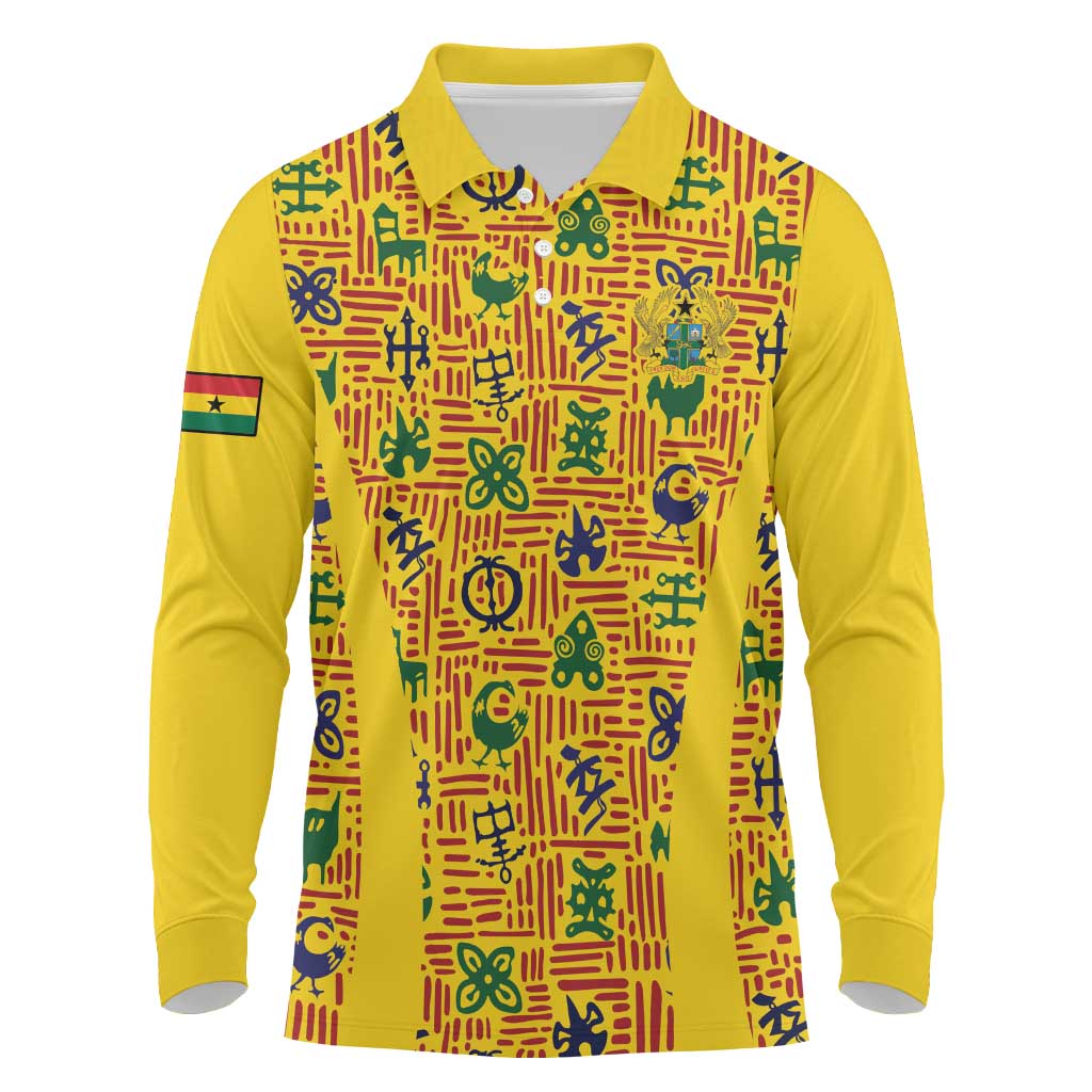 Custom Ghana Football Long Sleeve Polo Shirt Yellow Adinkra Pattern - Wonder Print Shop
