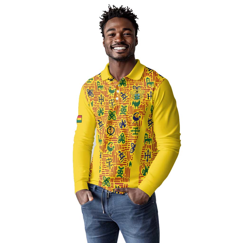 Custom Ghana Football Long Sleeve Polo Shirt Yellow Adinkra Pattern - Wonder Print Shop