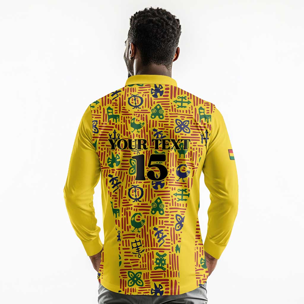 Custom Ghana Football Long Sleeve Polo Shirt Yellow Adinkra Pattern - Wonder Print Shop