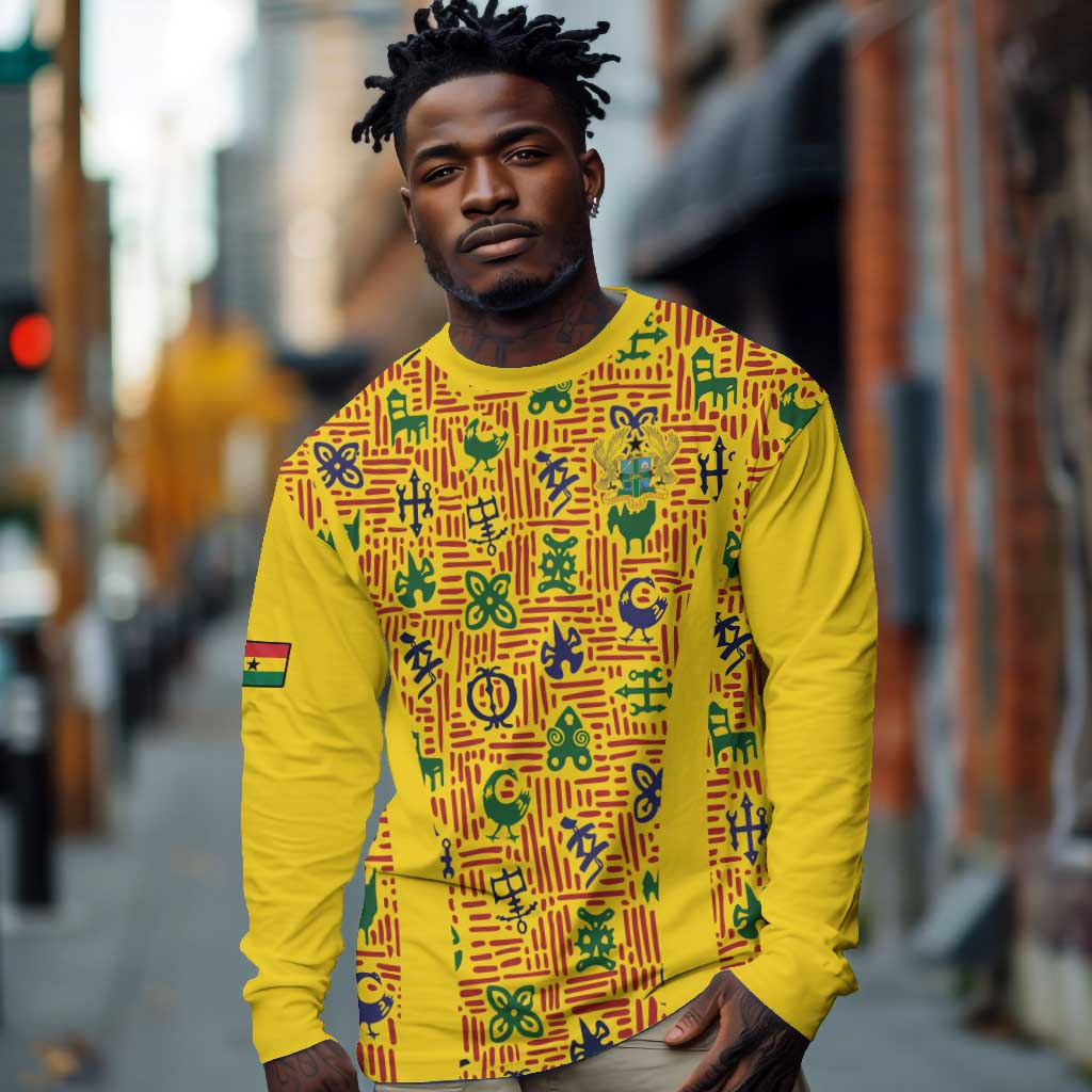 Custom Ghana Football Long Sleeve Shirt Yellow Adinkra Pattern - Wonder Print Shop