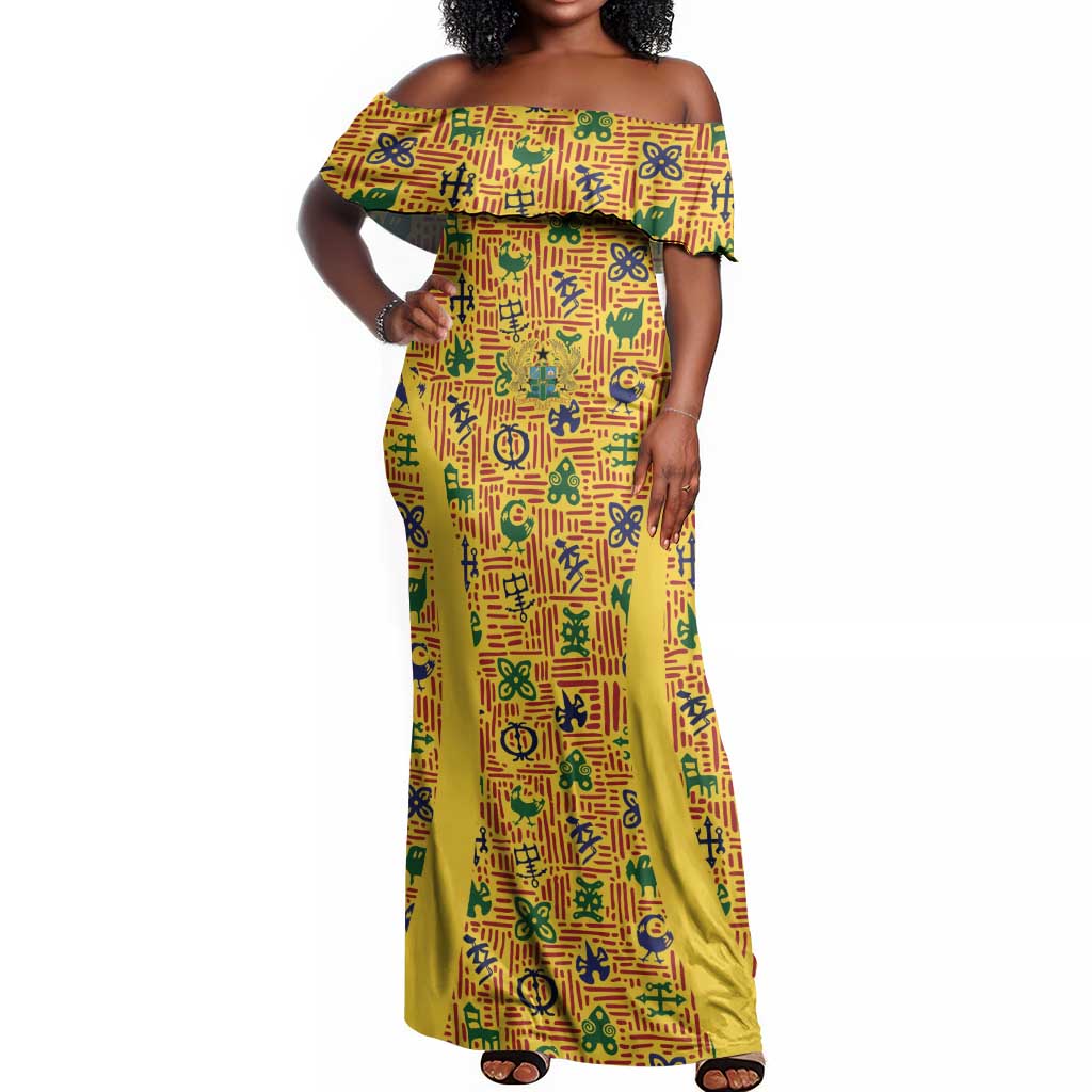 Custom Ghana Football Off Shoulder Maxi Dress Yellow Adinkra Pattern - Wonder Print Shop