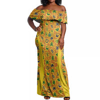 Custom Ghana Football Off Shoulder Maxi Dress Yellow Adinkra Pattern - Wonder Print Shop