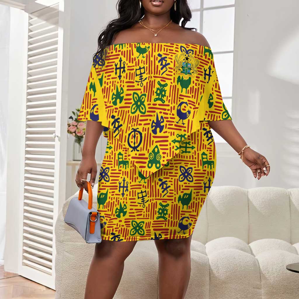 Custom Ghana Football Off Shoulder Short Dress Yellow Adinkra Pattern - Wonder Print Shop