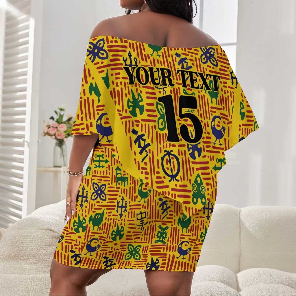 Custom Ghana Football Off Shoulder Short Dress Yellow Adinkra Pattern - Wonder Print Shop
