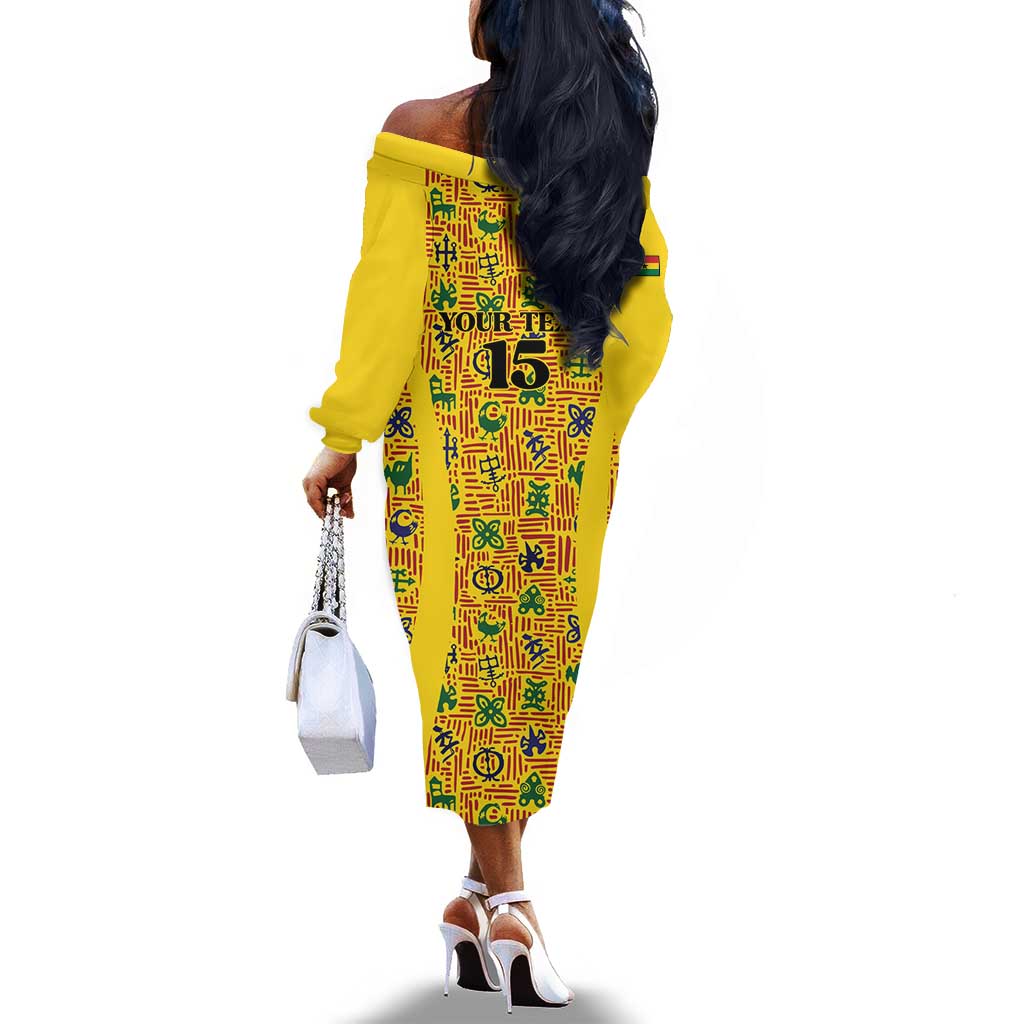 Custom Ghana Football Off The Shoulder Long Sleeve Dress Yellow Adinkra Pattern - Wonder Print Shop