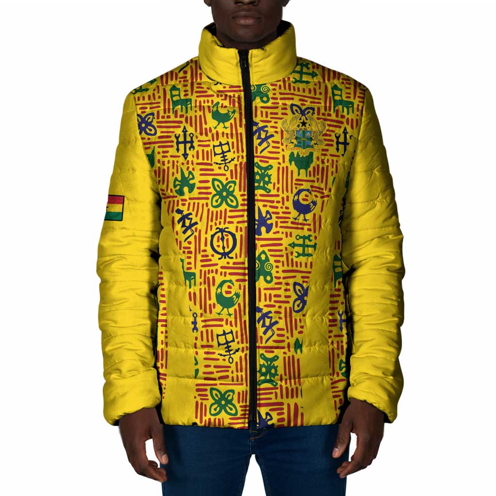 Custom Ghana Football Padded Jacket Yellow Adinkra Pattern - Wonder Print Shop