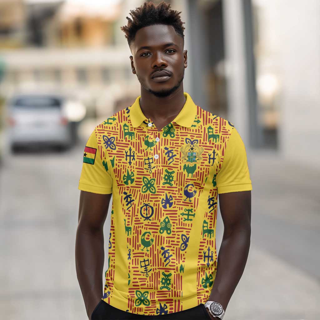 Custom Ghana Football Polo Shirt Yellow Adinkra Pattern LT15