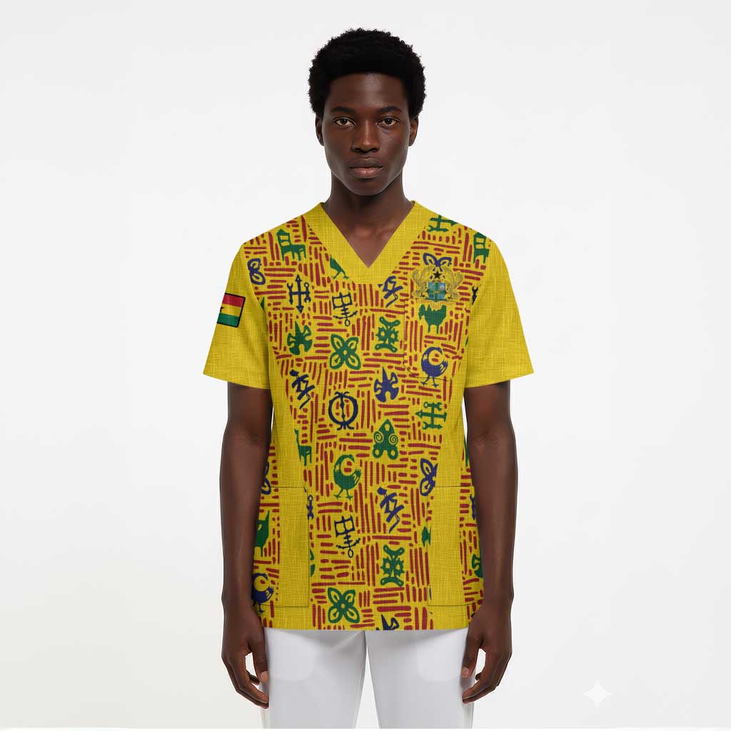 Custom Ghana Football Scrub Top Yellow Adinkra Pattern - Wonder Print Shop