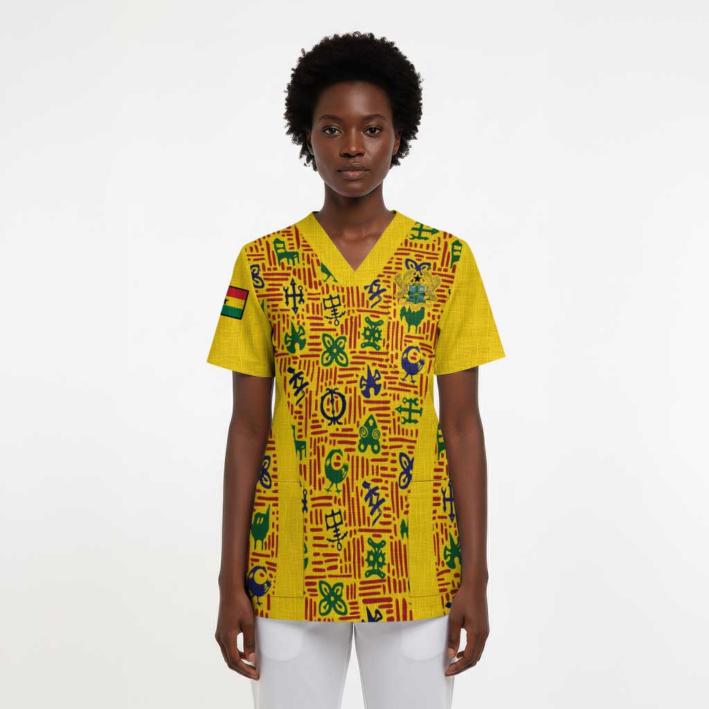 Custom Ghana Football Scrub Top Yellow Adinkra Pattern - Wonder Print Shop