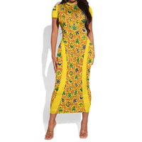 Custom Ghana Football Short Sleeve Bodycon Dress Yellow Adinkra Pattern LT15