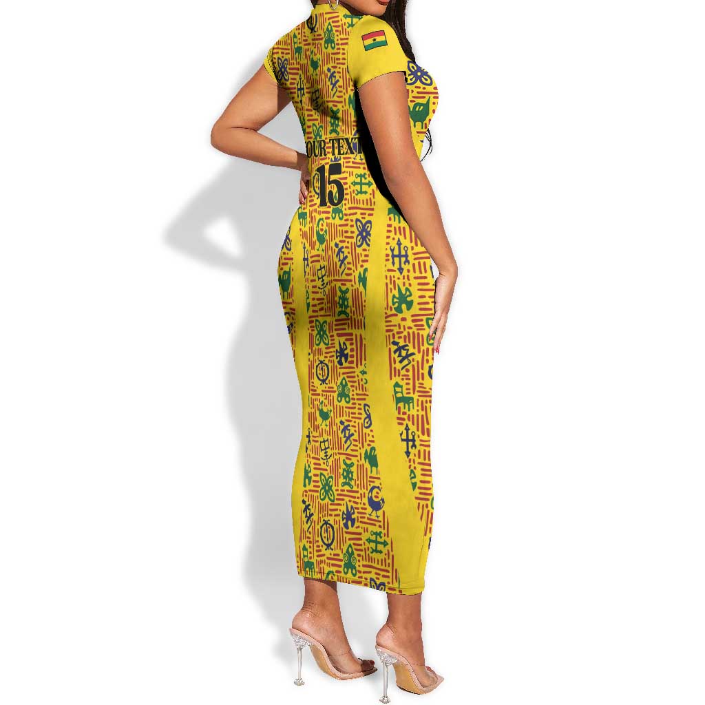 Custom Ghana Football Short Sleeve Bodycon Dress Yellow Adinkra Pattern LT15