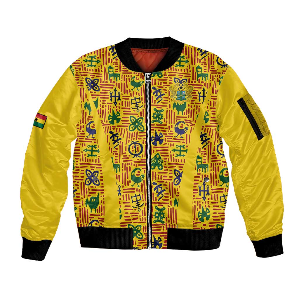 Custom Ghana Football Sleeve Zip Bomber Jacket Yellow Adinkra Pattern - Wonder Print Shop