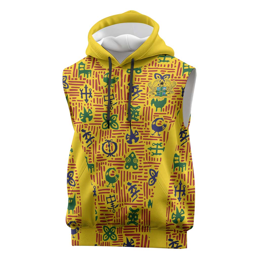 Custom Ghana Football Sleeveless Hoodie Yellow Adinkra Pattern - Wonder Print Shop