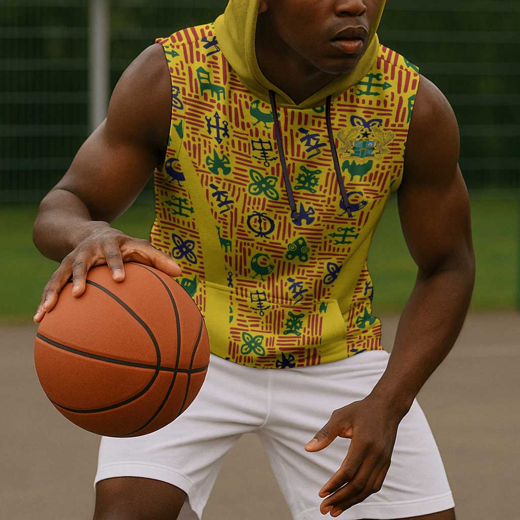 Custom Ghana Football Sleeveless Hoodie Yellow Adinkra Pattern - Wonder Print Shop