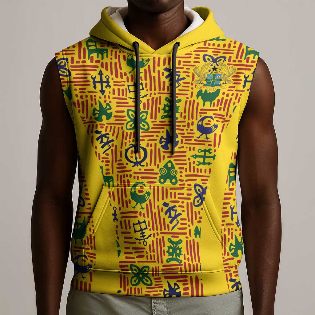 Custom Ghana Football Sleeveless Hoodie Yellow Adinkra Pattern - Wonder Print Shop