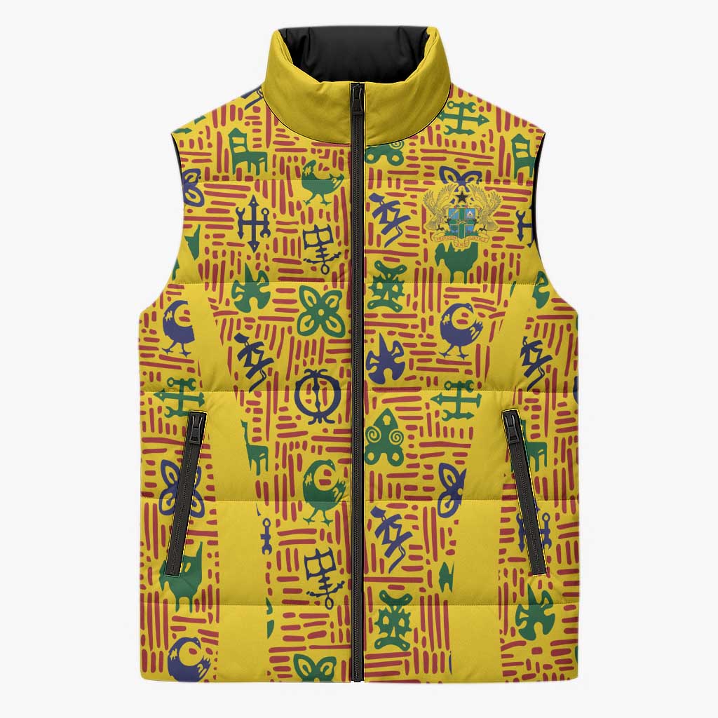 Custom Ghana Football Sleeveless Puffer Jacket Yellow Adinkra Pattern - Wonder Print Shop