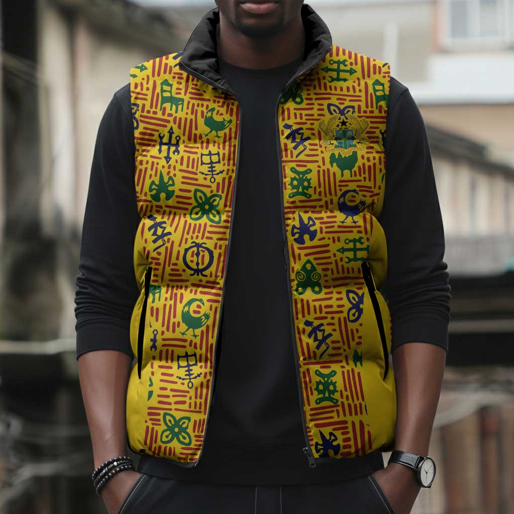 Custom Ghana Football Sleeveless Puffer Jacket Yellow Adinkra Pattern - Wonder Print Shop