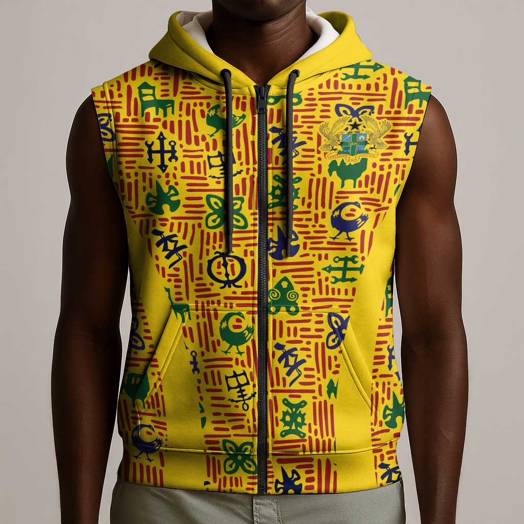 Custom Ghana Football Sleeveless Zip Hoodie Yellow Adinkra Pattern - Wonder Print Shop