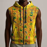 Custom Ghana Football Sleeveless Zip Hoodie Yellow Adinkra Pattern - Wonder Print Shop